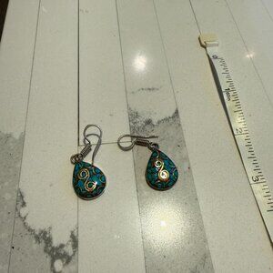 Moroccan Artisan Teardrop Earrings – Turquoise & Gold Swirl